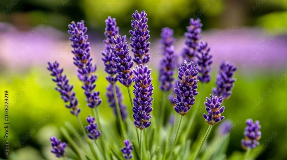 Fototapeta premium A cluster of lavender flowers in the foreground with a soft-focus garden background, creating a peaceful and serene spring atmosphere