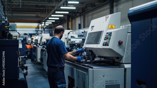 Workers and engineers setting up CNC machinery on production line, collaborating to ensure machines are properly calibrated and ready for optimal performance in the manufacturing process