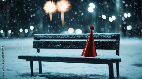 A lone party hat on a snow-covered bench, with distant fading fireworks in the background, reflecting a quiet and melancholic start to the new year  photo