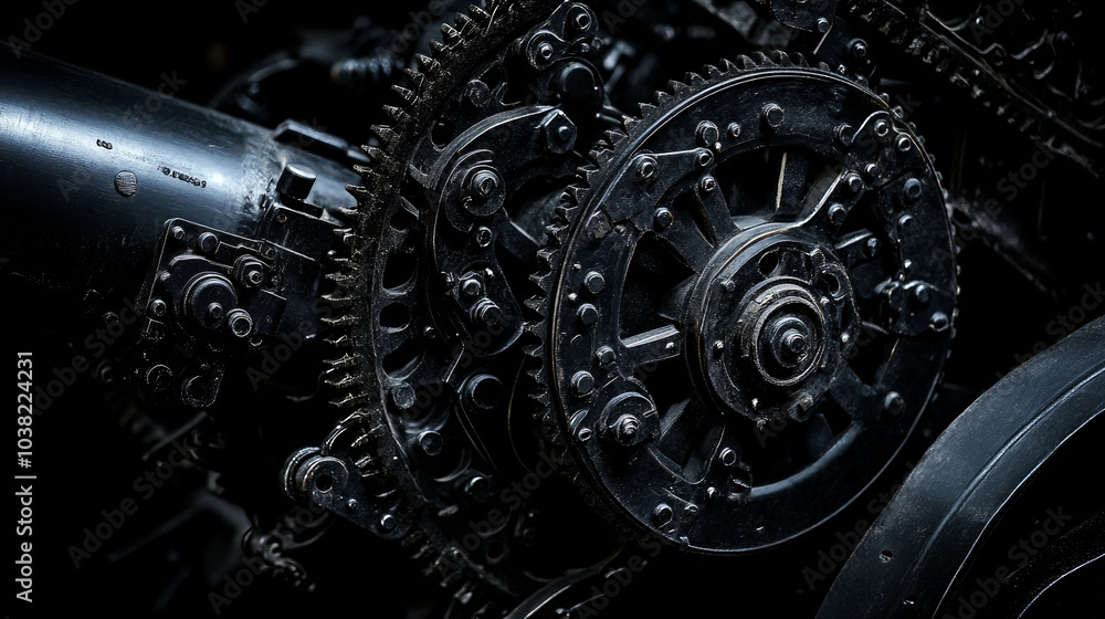 Close-up of a large metal gear system with a chain drive, showing intricate details and a dark, industrial aesthetic. Close-up of a large metal gear system with a chain drive, showing intricate details and a dark, industrial aesthetic.