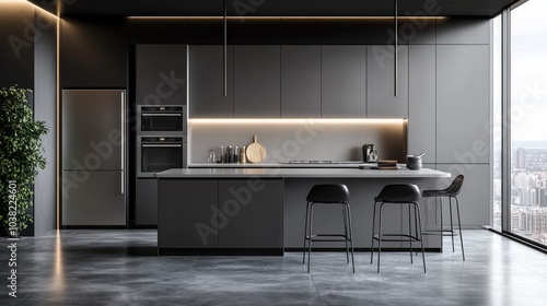 Gorgeous Modern Grey Kitchen with Stainless Steel Appliances in a Luxurious Apartment