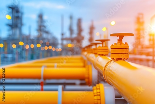 Close-up of vibrant yellow gas pipes in an industrial setting, highlighting valves and infrastructure under soft evening light.