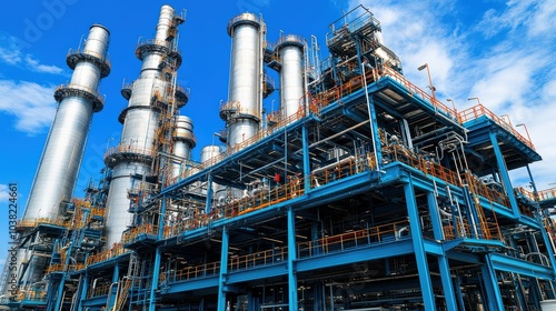 View of a modern industrial refinery facility with tall steel towers, intricate piping, and metal structures under a clear blue sky.