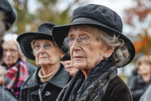 Portrait of an elderly woman in a hat and glasses on a background of autumn leaves