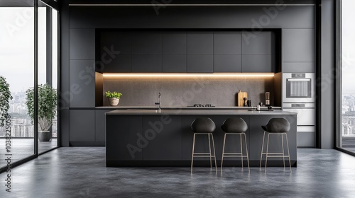 Gorgeous Modern Grey Kitchen with Stainless Steel Appliances in a Luxurious Apartment