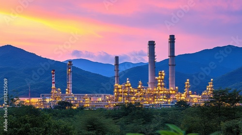 An illuminated oil refinery complex nestled in a lush valley, with mountains in the background and a colorful sunset sky.