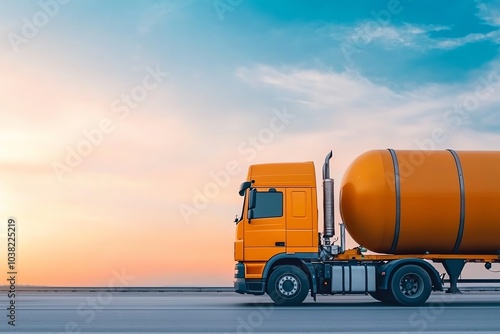 A vibrant yellow cement truck on a road against a beautiful sunset sky, showcasing heavy-duty transportation in action.