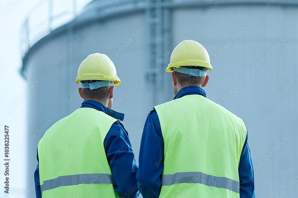 Two industrial workers in safety gear observe a large storage tank, emphasizing teamwork and safety in the workplace. Two industrial workers in safety gear observe a large storage tank, emphasizing teamwork and safety in the workplace.