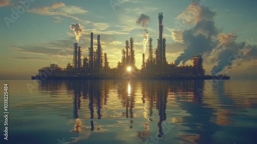 An oil refinery complex with towering chimneys emitting smoke, beautifully reflected on calm water during a vibrant sunset sky.