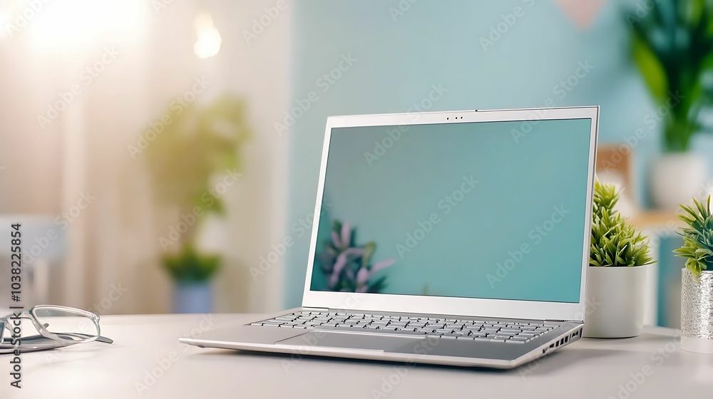 Fototapeta premium A sleek laptop sits on a home office desk with small potted plants and glasses, creating a minimalist and bright workspace.