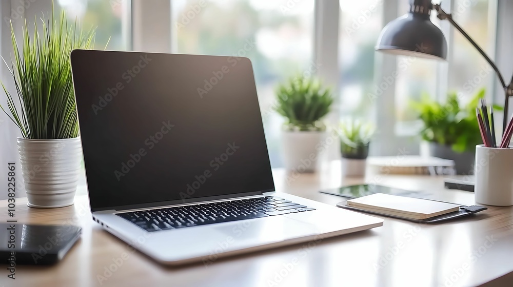A clean, modern home office features a closed laptop on a desk with potted plants, tablet, and stationery in a bright environment. A clean, modern home office features a closed laptop on a desk with potted plants, tablet, and stationery in a bright environment.