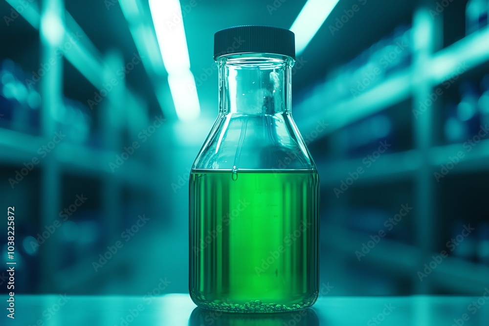 A vibrant green liquid in a glass bottle, set against a modern shelf backdrop with cool lighting, ideal for scientific and artistic themes. A vibrant green liquid in a glass bottle, set against a modern shelf backdrop with cool lighting, ideal for scientific and artistic themes.