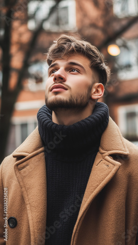 young male succesful influencer, lgtbq+ community, showcasing chic winter clothing in street, fashionable shoot, trying to look good. Confident model posing in a street. Fashion shoot, attractive man.