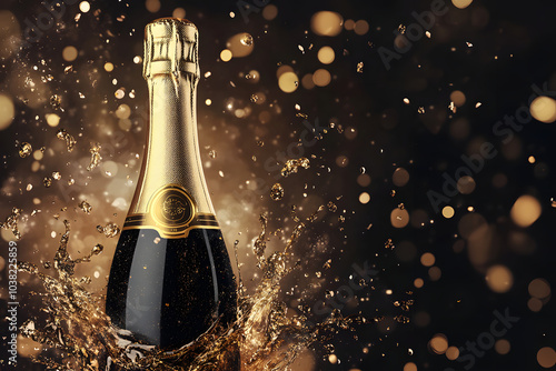 A realistic champagne bottle with gold foil, popping and spilling bubbly liquid in celebration
