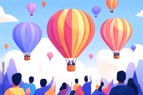 A playful vector illustration of a colorful hot air balloon festival, with balloons floating in the sky and people watching from below