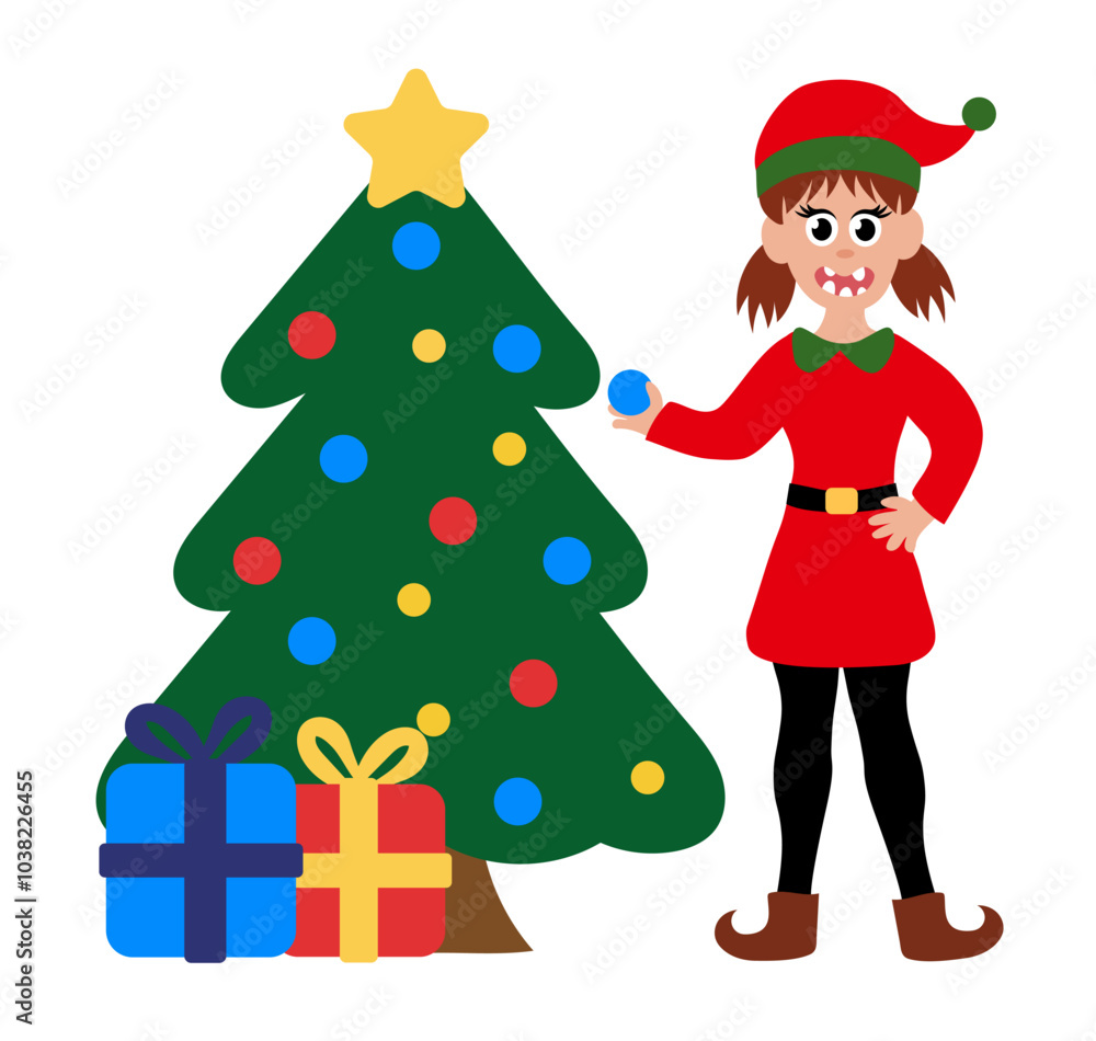 Christmas elf girl isolated on white background. Little Santa's helper with Christmas tree and gift boxes. Adorable cartoon character. Flat vector illustration. Christmas elf girl isolated on white background. Little Santa's helper with Christmas tree and gift boxes. Adorable cartoon character. Flat vector illustration.