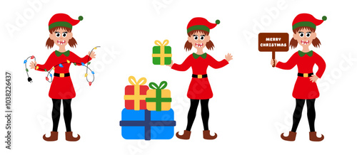 Collection of Christmas elf girl isolated on white background. Set of little Santa's helper with holiday gifts, garland, Merry Christmas sign. Adorable cartoon characters. Flat vector illustration.