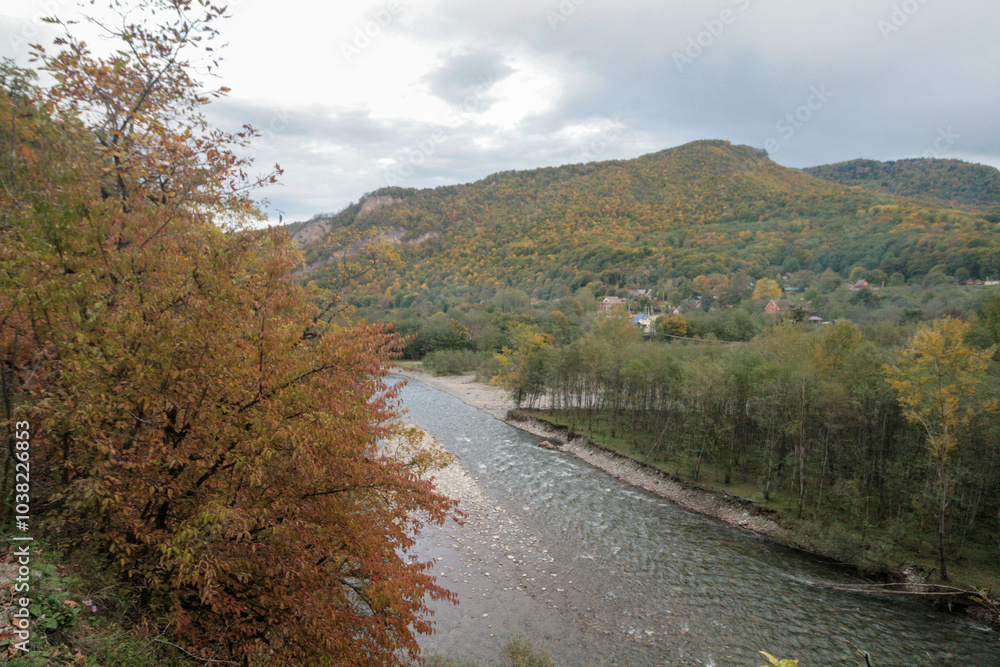 Fototapeta premium Malaya Laba Mountain River in autumn, Psebai, Russia.