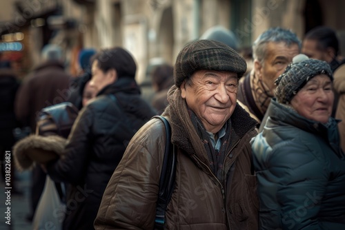 The old man on the street in the center of the city.