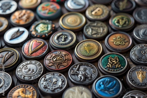 Variety of colorful fantasy role playing game tokens are laying on a table, with symbols, writing, and art photo