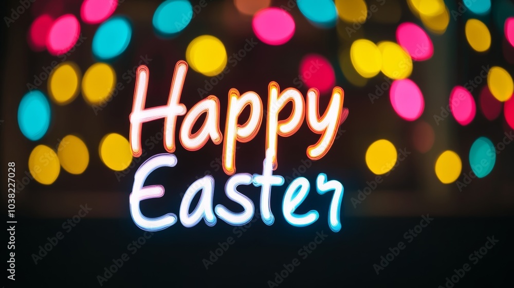 Elegant Happy Easter in white calligraphy, with colorful bokeh lights softly glowing in the background in pastel hues of pink and yellow Elegant Happy Easter in white calligraphy, with colorful bokeh lights softly glowing in the background in pastel hues of pink and yellow