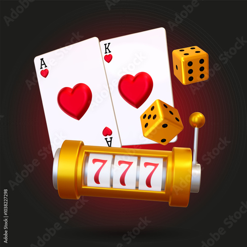 Poster with casino slot machine, dice, poker playing cards on the black neon background. Vector illustration. Gambling game, casino games.