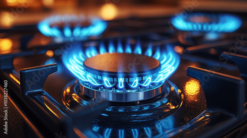Close-up of a gas stove with bright blue flames, ideal for cooking and kitchen use. Energy carrier illustration.