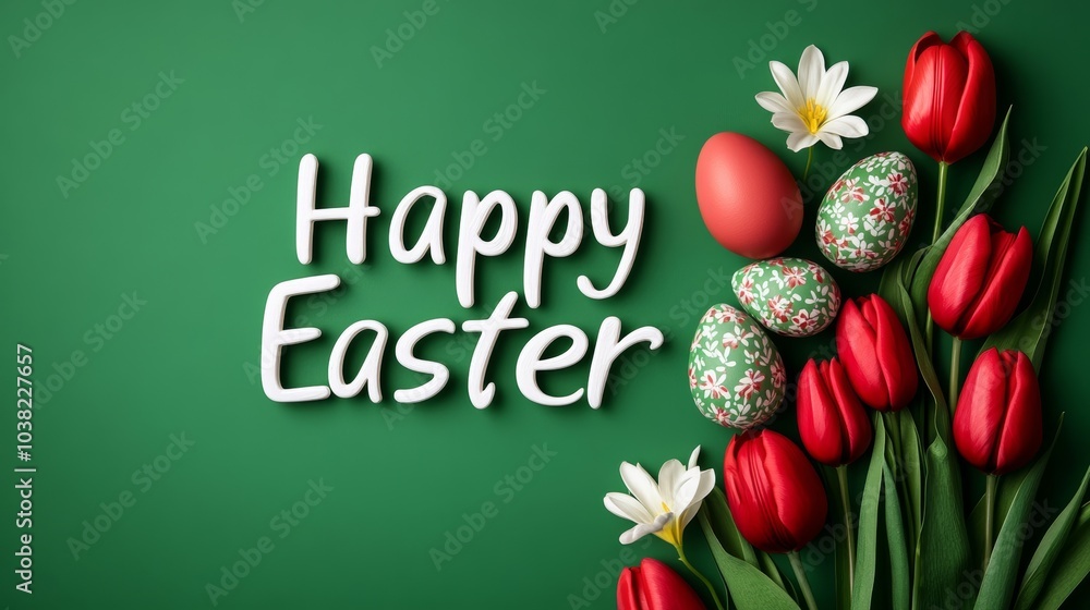 Happy Easter in bright, joyful text, surrounded by painted eggs and blooming tulips on a fresh spring-green background with space for customization 