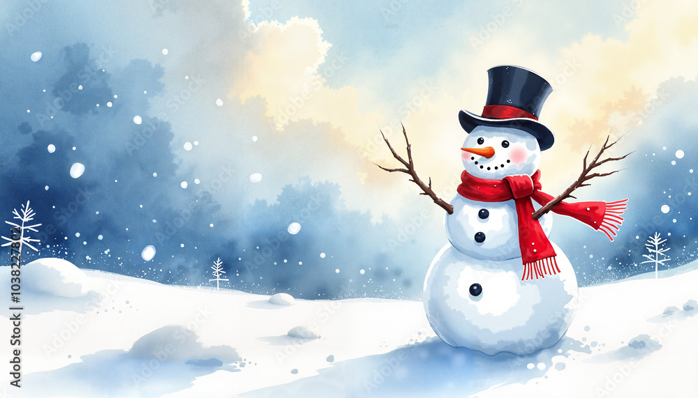 Happy snowman in a hat and scarf on a snowy landscape with falling snowflakes Happy snowman in a hat and scarf on a snowy landscape with falling snowflakes