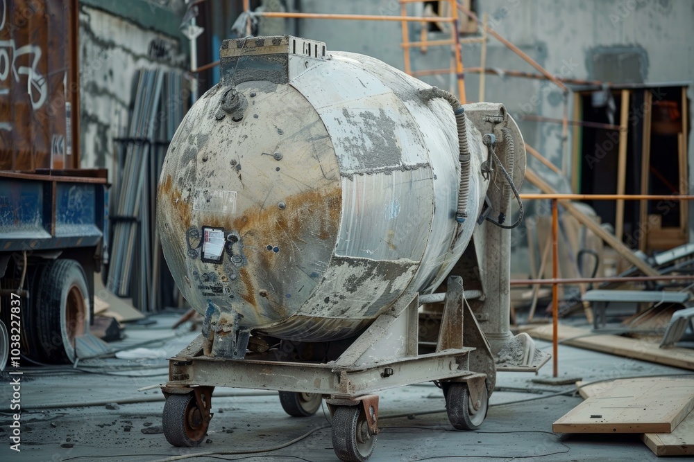 Old, rusty concrete mixer standing idle on a dusty construction site Old, rusty concrete mixer standing idle on a dusty construction site