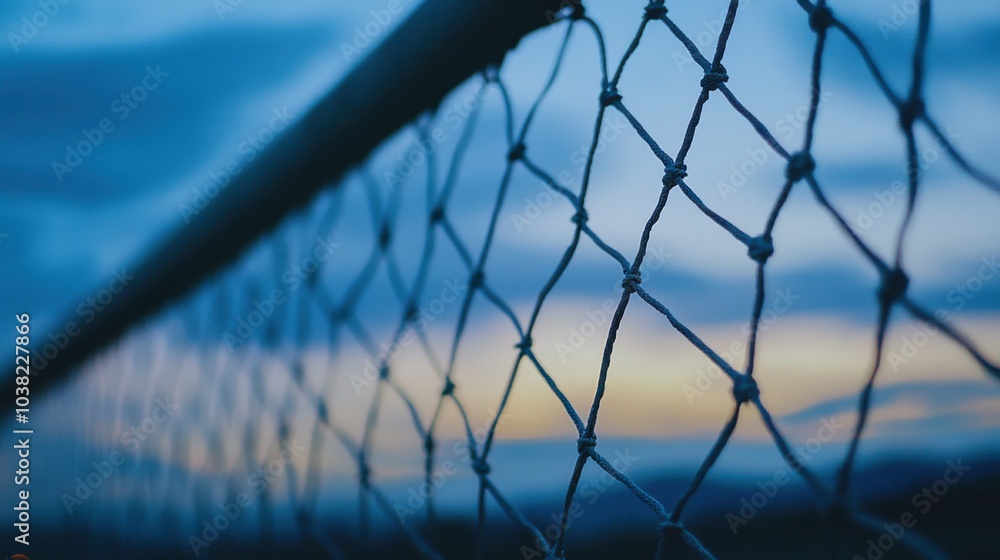A soccer goalpost with a focus on the net's weave and texture, outdoor setting under twilight, Detailed style A soccer goalpost with a focus on the net's weave and texture, outdoor setting under twilight, Detailed style