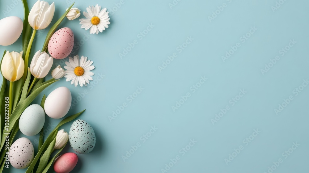 Happy Easter written in a playful font, with scattered eggs, tulips, and daisies on a soft blue gradient background with plenty of empty space Happy Easter written in a playful font, with scattered eggs, tulips, and daisies on a soft blue gradient background with plenty of empty space