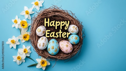 Happy Easter text in gold glitter above a nest of decorated eggs, with spring flowers like daffodils and lilies on a light blue background  photo