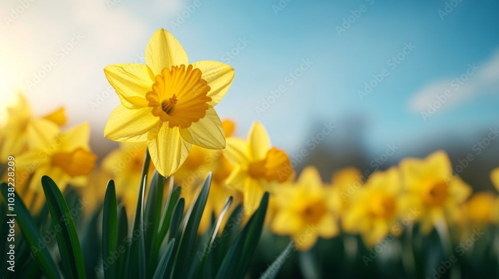 Obraz premium Low-angle shot of vibrant yellow daffodils blooming under a clear sky, capturing their tall stems and bright color from ground level 