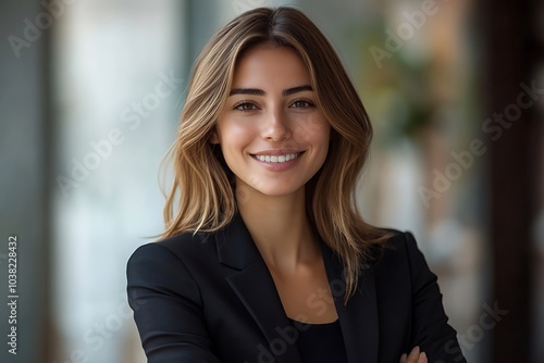 Confident Woman in Black Blazer and White Shirt Smiling