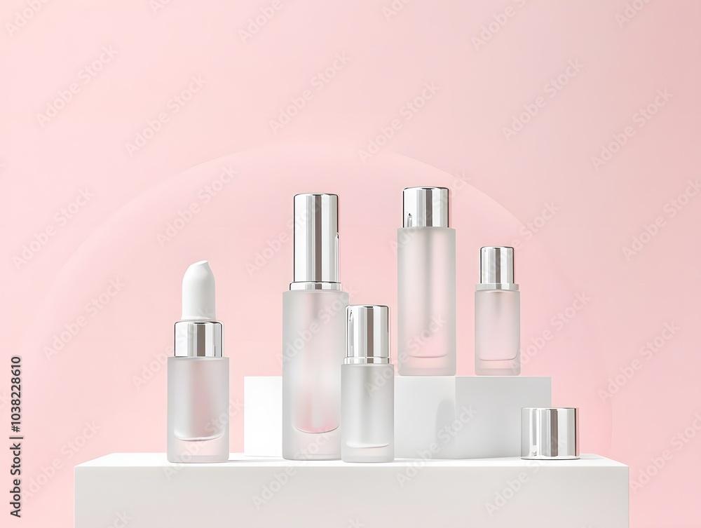 A collection of elegant skincare bottles on a minimalist display against a soft pink background. A collection of elegant skincare bottles on a minimalist display against a soft pink background.