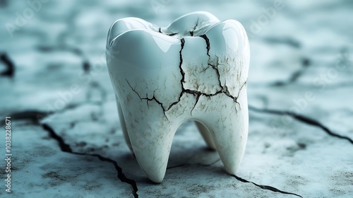 Closeup of cracked tooth fine fractures running through surface highlighting the concept of tooth damage and oral health issues set against a minimalist background to emphasize dental care awareness photo