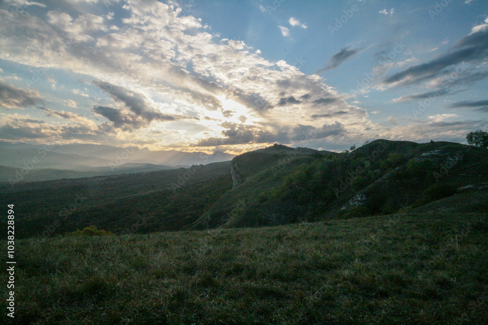 Foothills of the Caucasus at sunset, Psebai, Russia. Foothills of the Caucasus at sunset, Psebai, Russia.