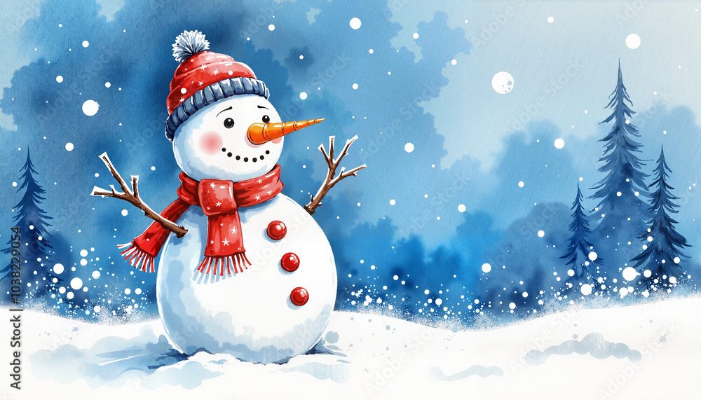 Cheerful snowman with a scarf and hat in a snowy landscape on a blue background Cheerful snowman with a scarf and hat in a snowy landscape on a blue background