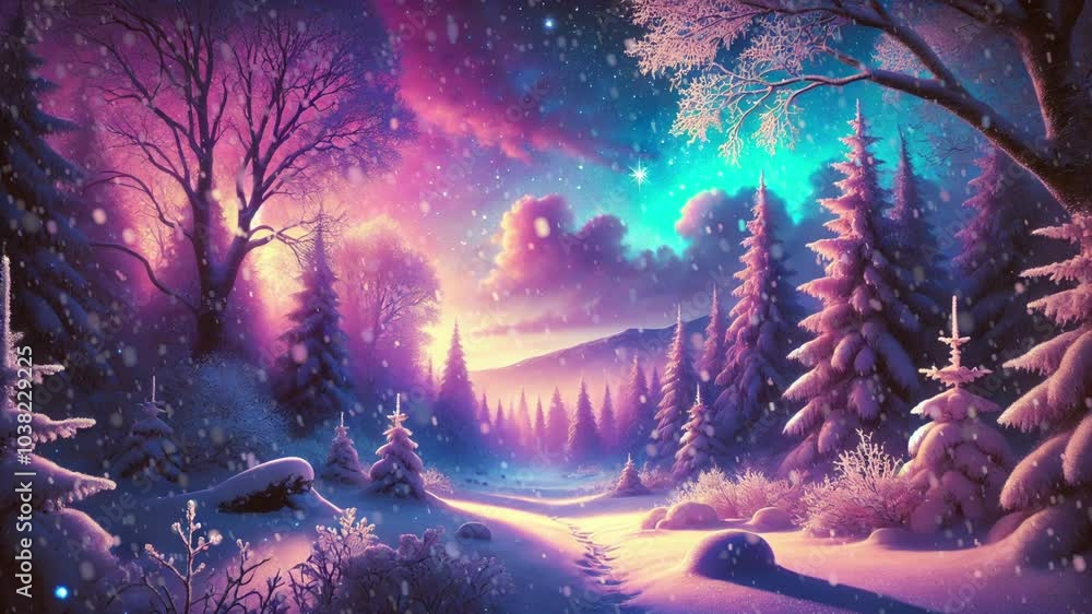 Bright neon forest with fir trees and snowfall - Winter background Bright neon forest with fir trees and snowfall - Winter background