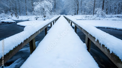 Wallpaper Mural Snow-covered wooden footbridge crossing a small stream that winds through a peaceful, quiet winter forest  Torontodigital.ca