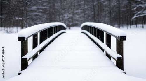 Wallpaper Mural Snow-covered wooden footbridge crossing a small stream that winds through a peaceful, quiet winter forest  Torontodigital.ca