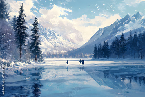 A peaceful scene of ice skaters gliding on a frozen lake, surrounded by snowy trees and mountains
