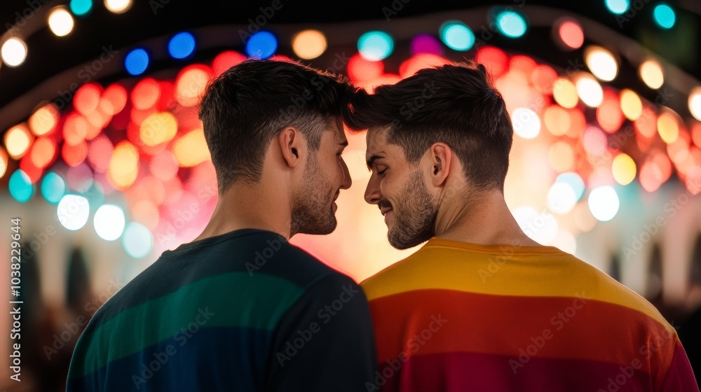 Two men embracing under a rainbow-lit archway at a New Year’s Eve celebration, with fireworks illuminating the night sky in bright, festive colors Two men embracing under a rainbow-lit archway at a New Year’s Eve celebration, with fireworks illuminating the night sky in bright, festive colors