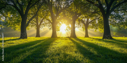 The sun is shining through a group of trees, casting light on the grass and creating beautiful shadows.