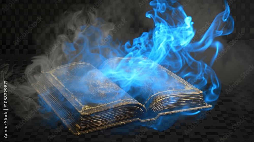 Obraz premium Enchanted magical book emitting mystical blue smoke, symbolizing ancient wisdom and supernatural powers, perfect for fantasy, mystery, and esoteric themes