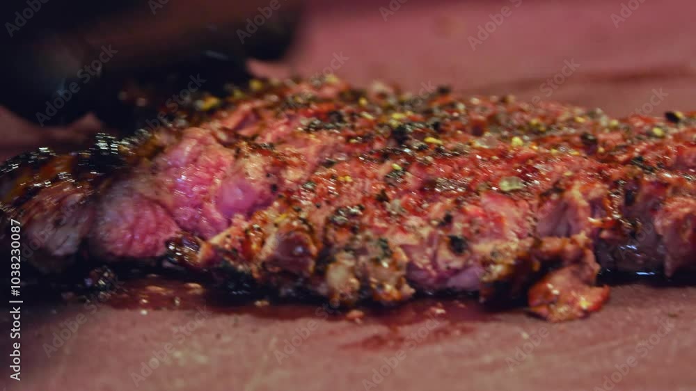 Experience the mouthwatering sizzle of a juicy beef steak on the grill in this up-close video. Watch as the meat sears to perfection, locking in rich flavors and creating that perfect crust. Experience the mouthwatering sizzle of a juicy beef steak on the grill in this up-close video. Watch as the meat sears to perfection, locking in rich flavors and creating that perfect crust.