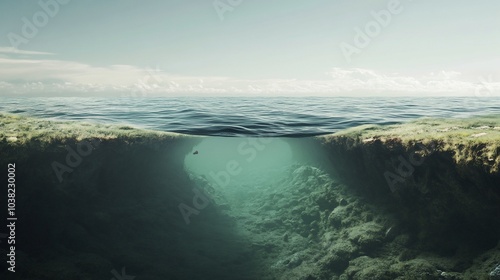 A split view of a rocky shoreline and the underwater world beneath the surface.