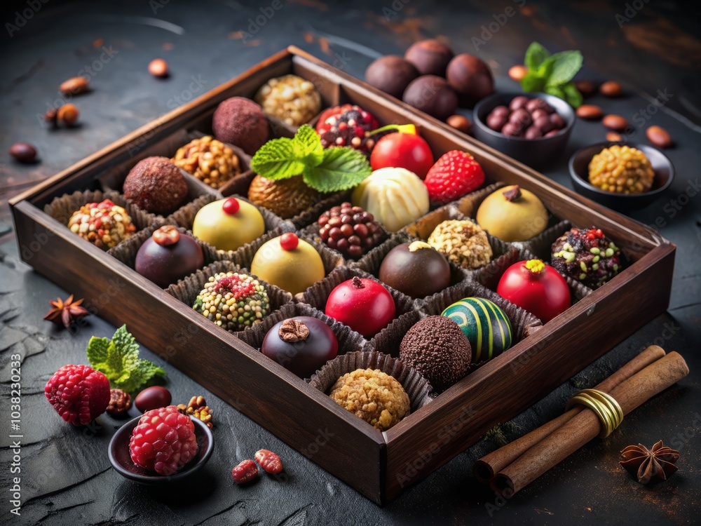 Exquisite Belgian Handmade Chocolate Truffle Gift Set with Nuts and Berries on Dark Background, Perfect for Gifting and Celebrations Exquisite Belgian Handmade Chocolate Truffle Gift Set with Nuts and Berries on Dark Background, Perfect for Gifting and Celebrations