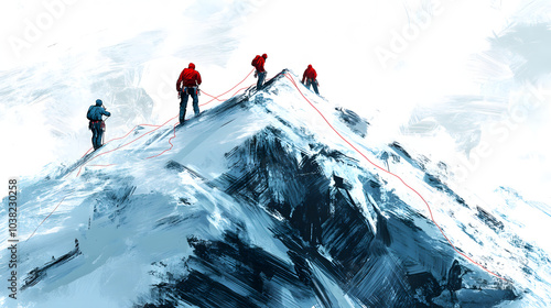 Captivating Adventure of Climbers Conquering a Sheer Snowface with Artistic Line Art Representation photo